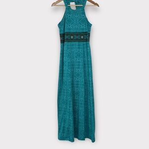 Prana Skye‎ Halter Maxi Dress Size Small Teal Green Shelf Bra Bohemian